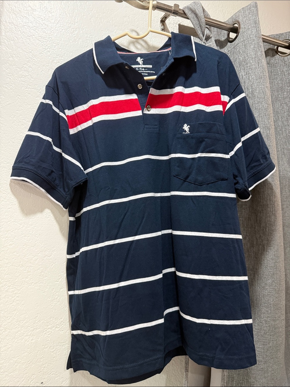 Men's Navy Striped Polo with Red Chest Stripe
